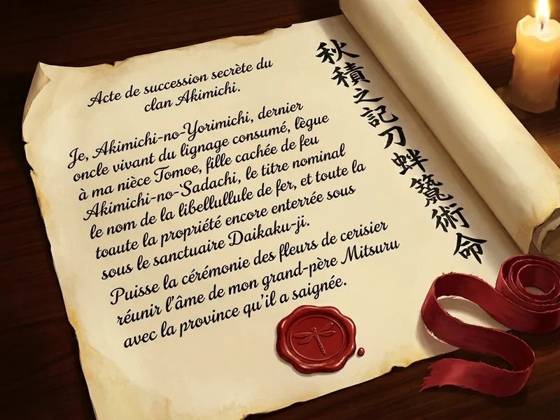 Rouleau de parchemin partiellement deroule, calligraphie kanji formelle verticale a l'encre noire, sceau du clan Akimichi en cire rouge en bas, ruban de soie rouge enroule