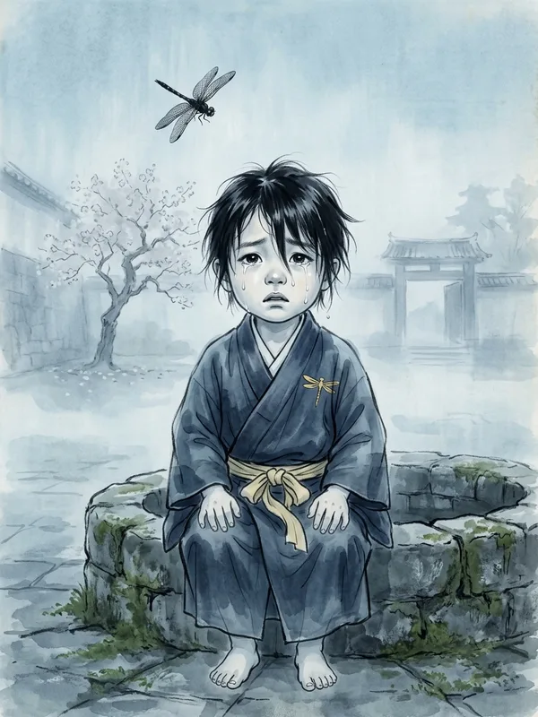 Akimichi-no-Mitsuru enfant 6-7 ans en kimono d'enfant noble brode d'une libellule de fer, joues mouillees de larmes, peau translucide assise en seiza au bord d'un puits dans un reve