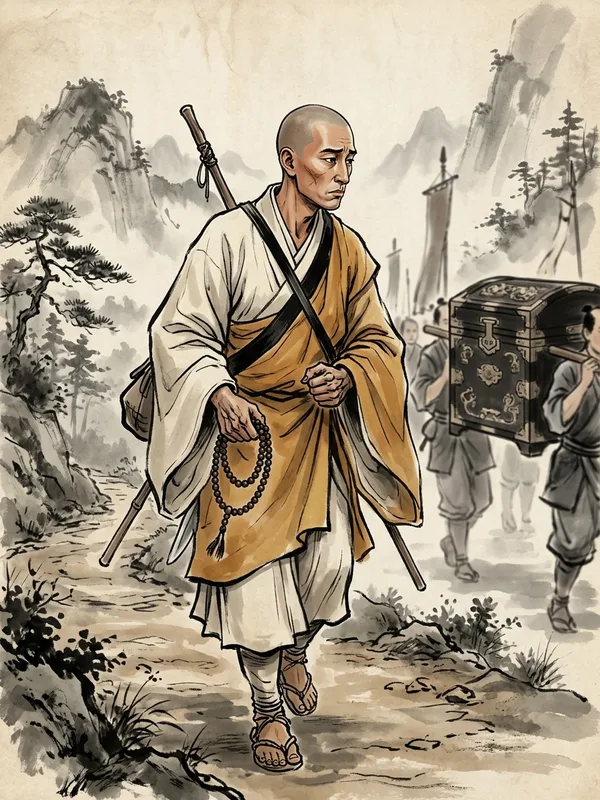 Frere Genshin, moine bouddhiste itinerant 31 ans, robe en lin ecru et surcoat ocre safran, chapelet juzu de bois sombre dans les mains noueuses, cicatrice a la pommette droite, marche le long du convoi
