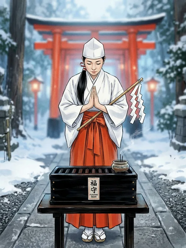 Dame Hanae, pretresse en chef de Fushimi-Inari, 38 ans, hakama orange-rouge des miko, kosode blanc immacule, eboshi blanc, mains jointes en gassho devant le coffre laque