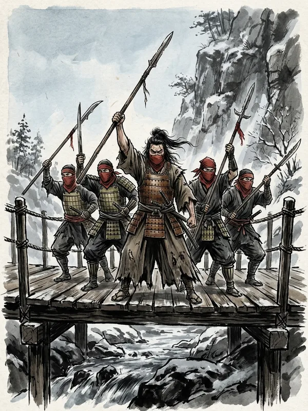 Cinq ronins Trois Lezards alignes en demi-cercle au bout du pont, foulards rouges couvrant le bas du visage, cuirasses de bambou laque brun, lances usees, libellule de fer cousue sous le col