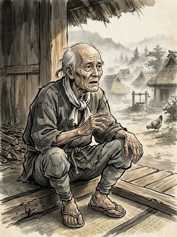 Vieux Sugaya, 89 ans, paysan-temoin du massacre Akimichi, yukata de chanvre brun-gris rapiece, dos voute, mains noueuses tachetees, larme retenue a l'œil gauche, accroupi devant sa porte de chaume