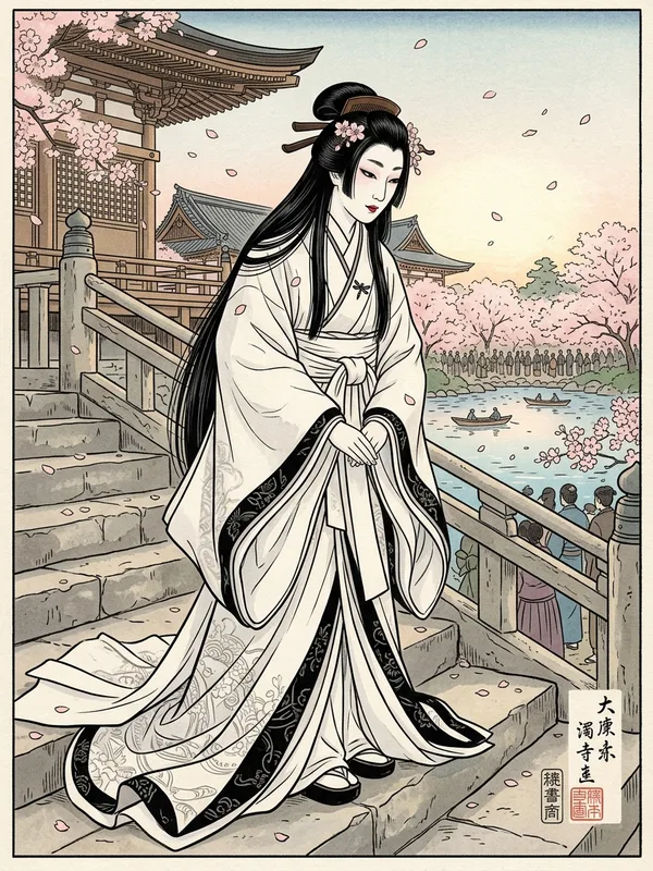 Dame Tomoe, pretresse de Daikaku-ji 28 ans descendante secrete Akimichi, robe blanc et noir asymetrique, peignes de buis dans les cheveux longs, sourire poli fige au sommet des marches