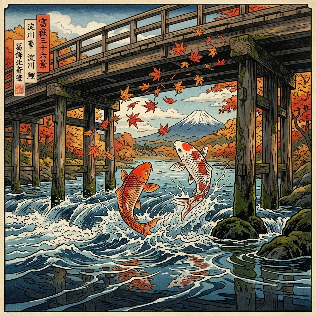 Plan rapproche de la riviere Yodo sous le pont Koi-bashi, deux carpes koi orange et blanches sautant a la surface en gerbes d'eau, feuilles d'erable rouge tourbillonnant dans l'air, soleil oblique d'automne