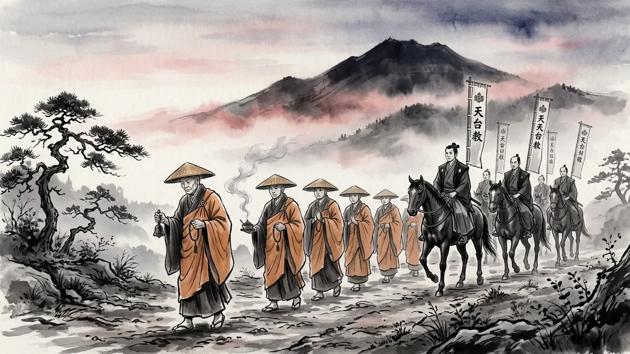 Sept moines en robe orange chantant un sutra avancant en file indienne sur le sentier au lever du jour, quatre nobles a cheval suivent, mont Hiei en arriere-plan dans la brume rouge
