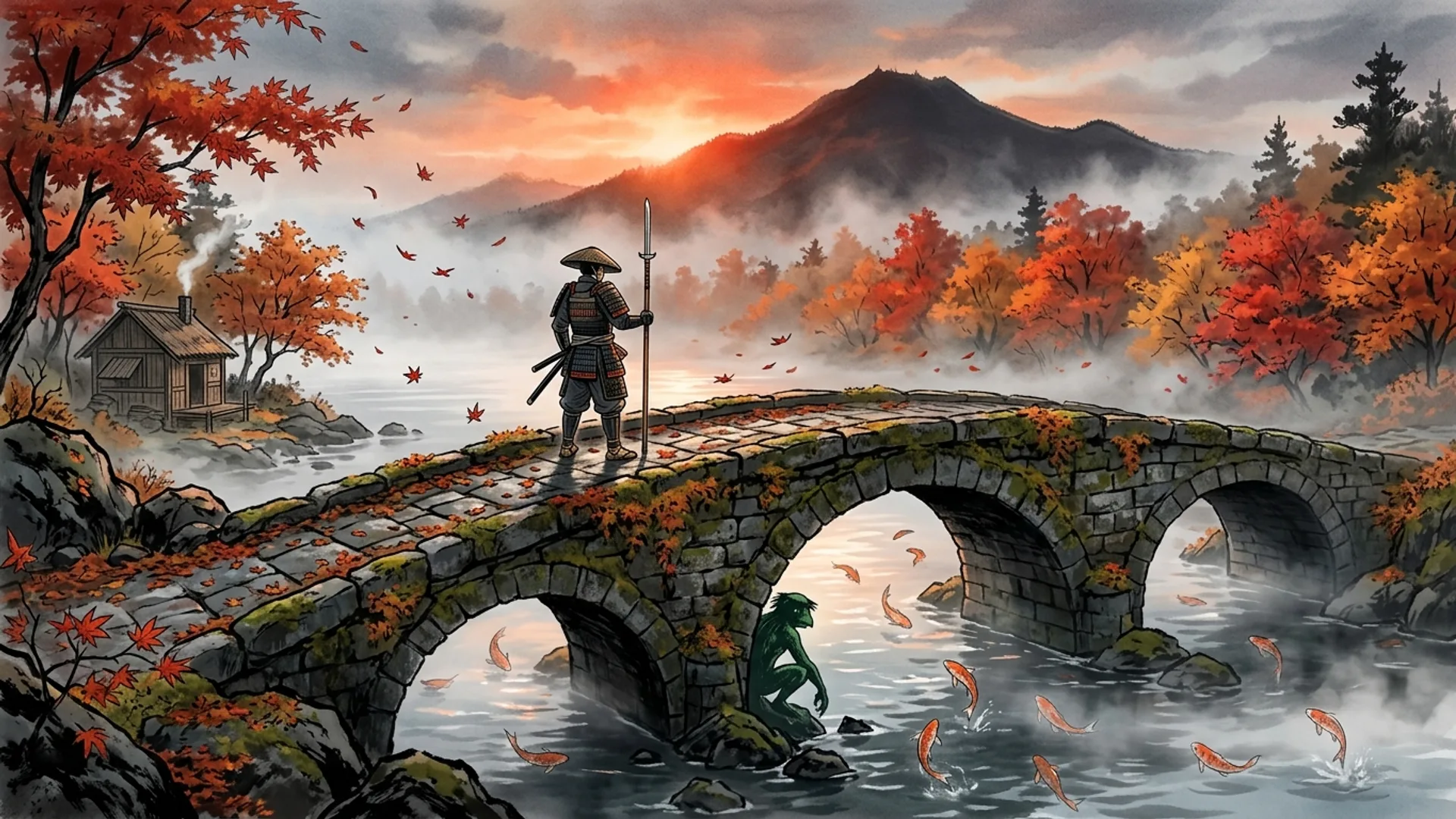 Pont de pierre Koi-bashi en automne enjambant la riviere Yodo, Hideo plante au centre lance de bambou, mont Hiei dans la brume rouge des erables, kappa accroupi sous l'arche, carpes koi orange