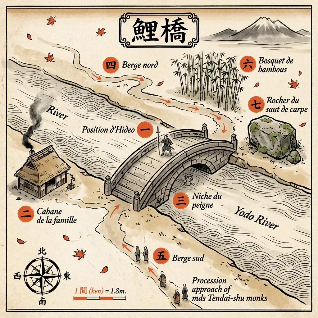 Plan tactique du pont Koi-bashi et de ses abords, sept positions numerotees : Hideo au milieu du pont, cabane famille berge gauche, niche peigne sous arche, berges nord et sud, bosquet de bambous, rocher du saut de carpe