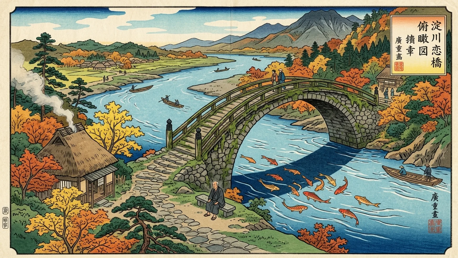 Vue oblique aerienne du pont Koi-bashi au-dessus de la riviere Yodo, pont de pierre voute en arc unique, cabane d'Hideo a cote avec fumee de cuisine, carpes koi orange visibles dans l'eau claire