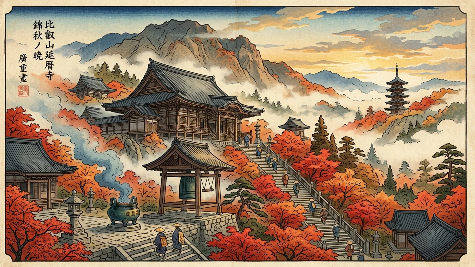Vue panoramique du monastere bouddhiste Enryaku-ji sur le flanc du mont Hiei, pavillon principal, pagode a cinq etages, escaliers de pierre montant entre des erables rouges flamboyants, brouillard de montagne