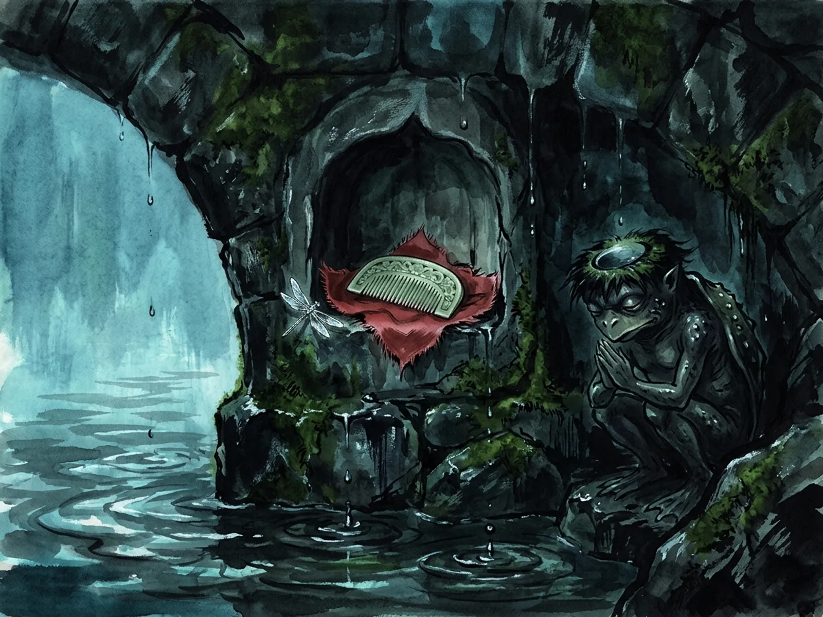 Vue rapprochee d'une niche taillee dans la pierre maitresse de l'arche centrale du pont Koi-bashi, peigne de jade vert clair sur une feuille de soie rouge, kappa accroupi a demi visible, caustiques bleues-vertes