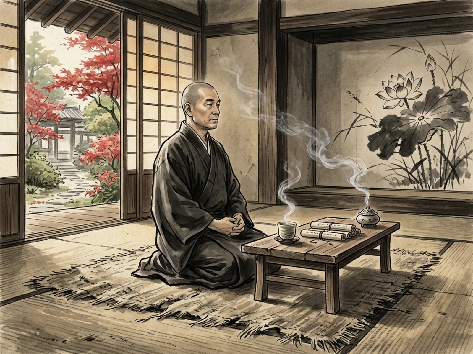 Salle aux tatamis uses du monastere du Hiei, frere Eikaku assis en seiza face aux PJ, brule-encens fumant verticalement, cloison shoji semi-ouverte revelant des erables rouges en fond