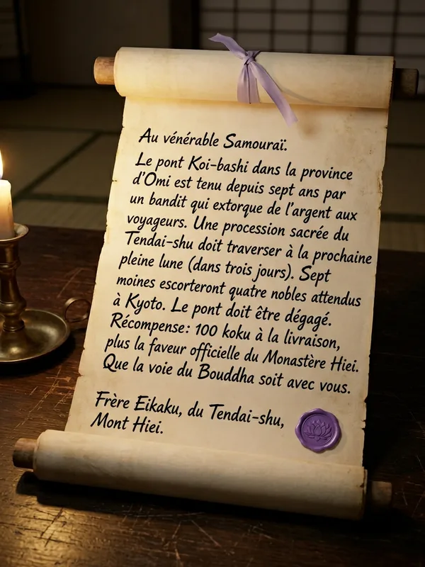Rouleau de parchemin deroule sur deux tiers, calligraphie cursive sosho a l'encre noire, sceau circulaire violet du Tendai-shu avec lotus stylise, ruban de soie violet pale