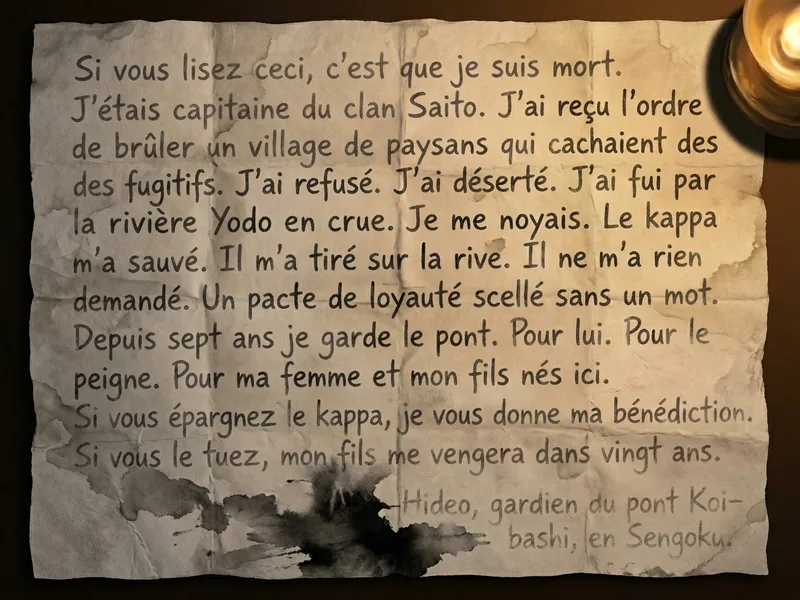 Lettre maladroite calligraphiee a l'encre diluee, papier washi rugueux, taches d'eau, ecriture appliquee mais maladroite d'ancien soldat, grosse goutte d'encre en bas, recit du pacte avec le kappa