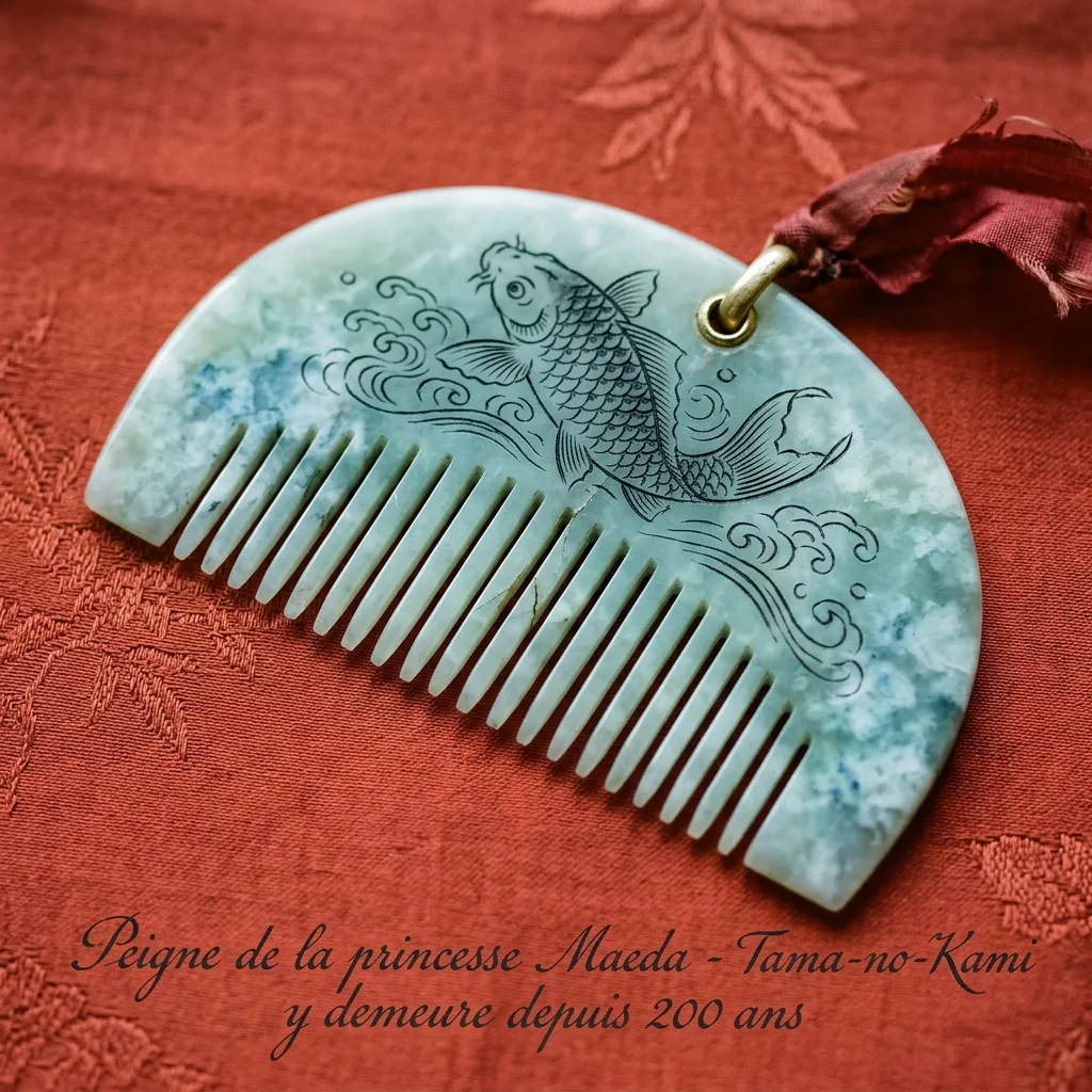Peigne kushi en jade vert clair veine de blanc-bleu, dents fines, motif de carpe koi sautante grave, fine fissure ancienne sur une dent, halo presque imperceptible, sur feuille de soie rouge cinabre