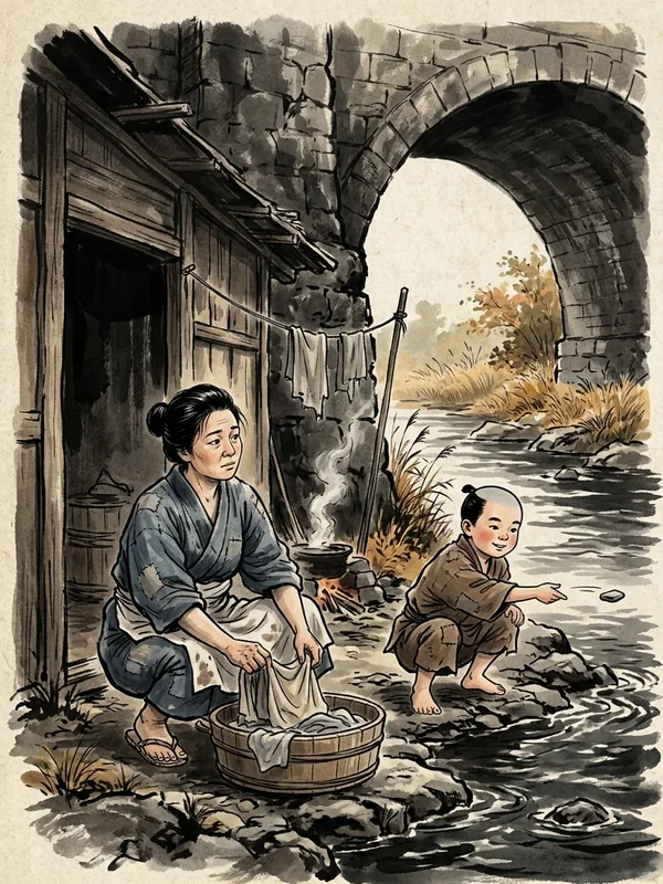 Femme d'Hideo 35 ans en yukata indigo passe pliant du linge dans une bassine, fils de 8 ans en kimono d'enfant marron lancant un caillou plat pres de l'eau, cabane sous l'arche du pont