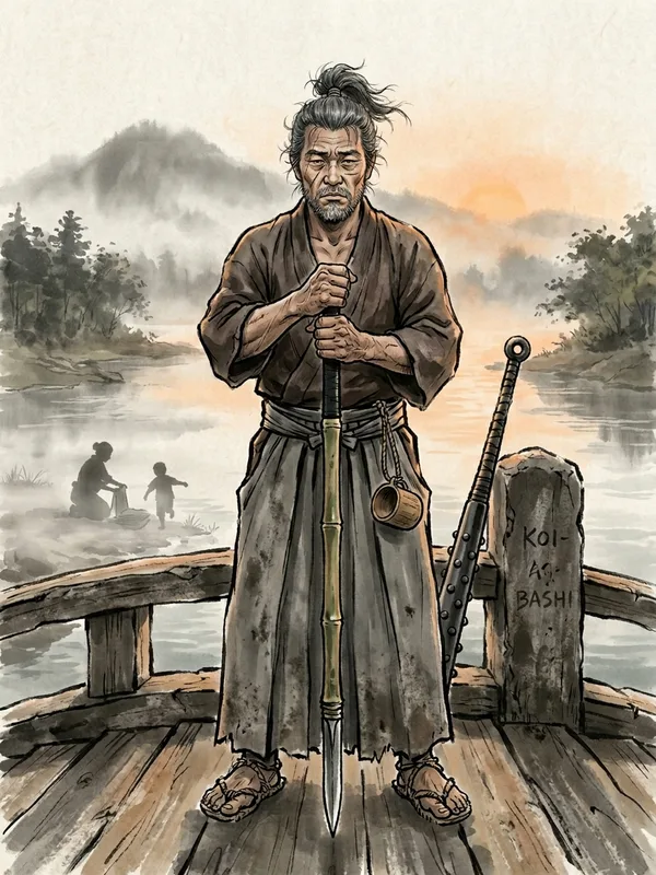 Hideo le Boucher, ancien capitaine du clan Saito devenu ronin, 45 ans, hakama gris defraichi, cicatrice traversant la joue droite, lance de bambou plantee au sol entre ses pieds, regard neutre presque triste