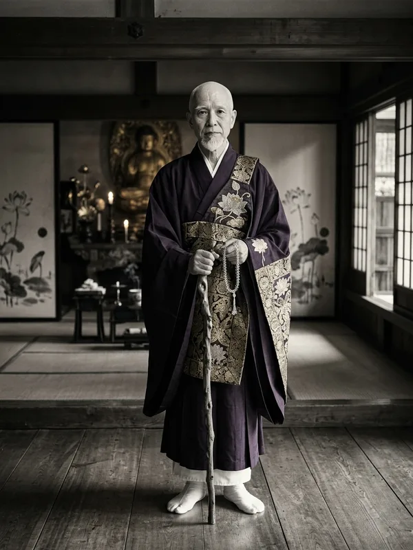Maitre Hozan, superieur Tendai-shu du mont Hiei 78 ans, robe ceremonielle violet fonce, kesa or brode de lotus argentes, chapelet juzu en cristal de roche, baton de marche noueux, regard percant et lent