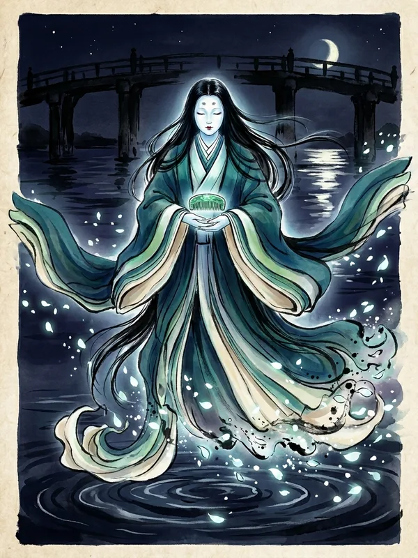 Tama-no-Kami, kami feminin Heian semi-incorporel, junihitoe aux degrades bleus-verts-blancs, cheveux noirs taregami jusqu'aux pieds, peigne de jade tenu en offrande paumes vers le haut, contours dissous en petales lumineux