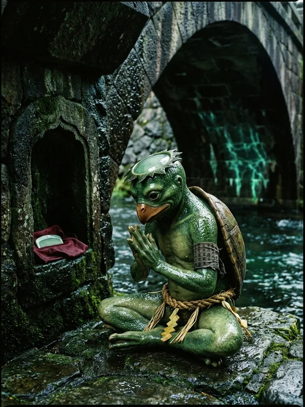 Tatsuemon, kappa centenaire de 200 ans, peau verte mouillee luisante, sara rempli d'eau au sommet du crane, carapace ovale brun-vert, accroupi en seiza inverse mains jointes en gassho devant la niche