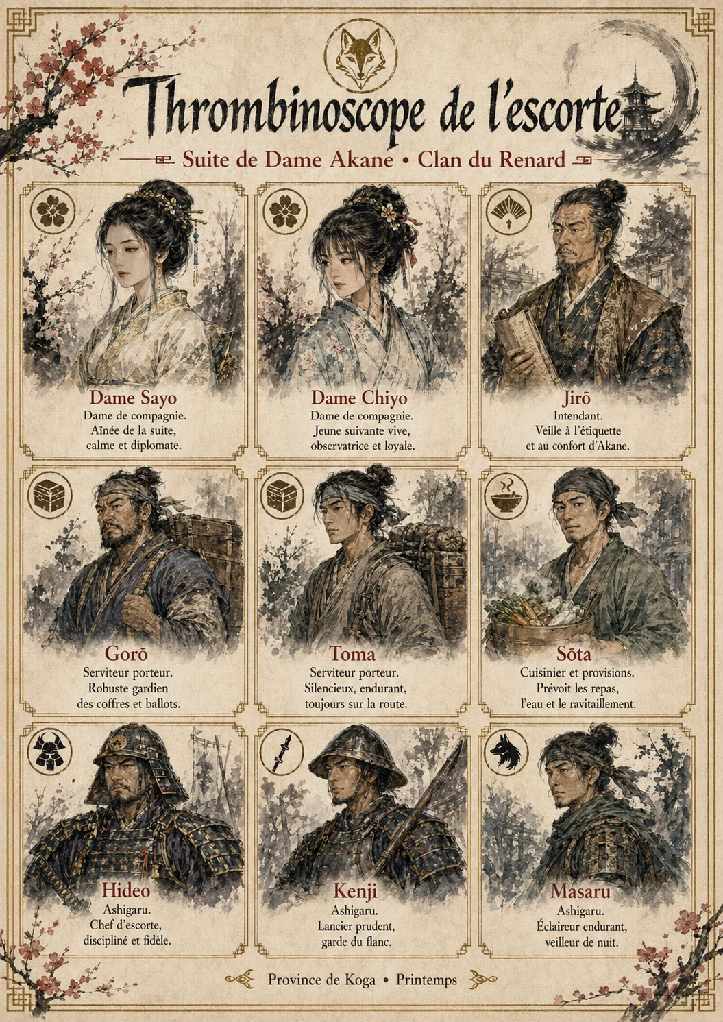 Trombinoscope de l'escorte : Dame Sayō, Dame Chiyo, Jirō intendant, Tarō et Toma serviteurs porteurs, Sōta cuisinier, Hideō chef ashigaru, Kenji lancier, Masaru éclaireur