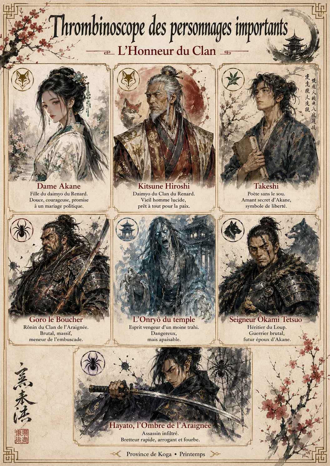 Trombinoscope des PNJ importants : Dame Akane, Kitsune Hiroshi, Takeshi, Goro le Boucher, l'Onryō, Seigneur Ōkami Tetsuo, Hayato l'Ombre de l'Araignée