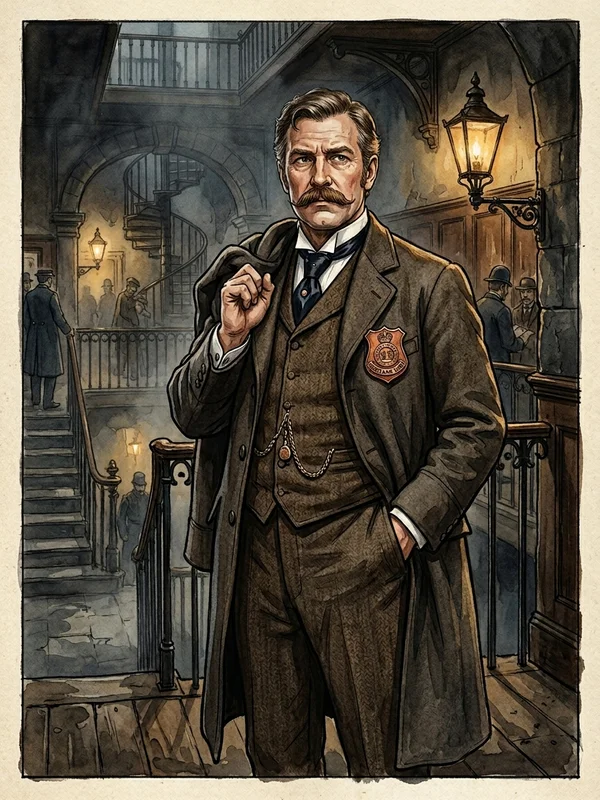 Inspecteur Cyril Bramwell, Scotland Yard, manteau Inverness brun, moustache châtain fournie, badge en cuivre, canne plombée à la main
