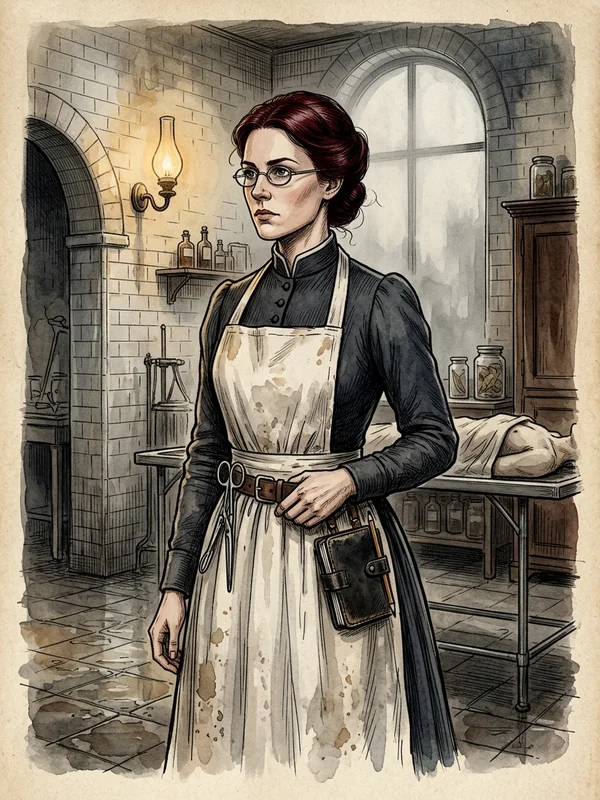 Doctoresse Honoria Faraday, médecin légiste, cheveux roux relevés en chignon strict, lunettes ovales, manteau Inverness gris, trousse médicale