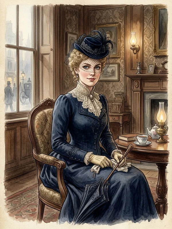 Lady Eleanor Whitcombe, aristocrate londonienne, robe de jour bleu nuit, ombrelle pliée à pommeau de jade, broche en saphir, regard calme