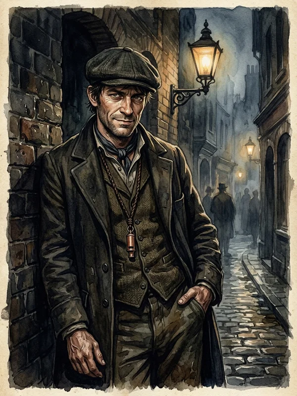 Tobias Crane, ancien Baker Street Irregular adulte, casquette plate rabattue, gilet de tweed usé, sifflet de cuivre au cou, regard alerte