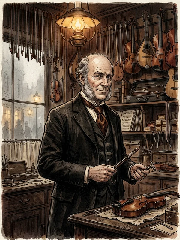 Mr. Hugo Chetwynd, cinquantenaire chauve sur le dessus avec favoris gris fournis, costume noir lustré, chemise blanche à col cassé, sourire commercial qui ne monte pas jusqu'aux yeux gris, posé devant la vitrine de sa boutique d'instruments de Wardour Street
