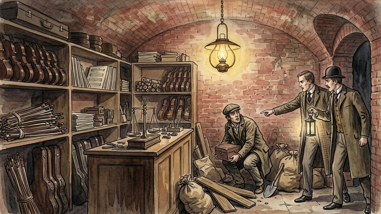 Cave voûtée sous la boutique de Wardour Street, étagères chargées d'archets et de caisses de violons, balance de précision en cuivre sur une table de bois, lampe à gaz pendante au plafond, coffret de bois entrouvert sur trois diapasons d'argent identiques, briques rougeâtres aux murs