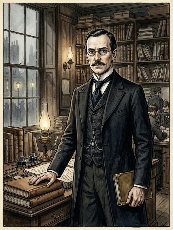 Mr. Aloysius Pemberton, fin quarantenaire, cheveux noirs lissés à la raie, lunettes ovales cerclées d'acier, costume noir trois pièces, gilet à chaîne de montre en or, regard glacé, cigare cubain entre les doigts, posé devant un pupitre couvert de registres reliés cuir