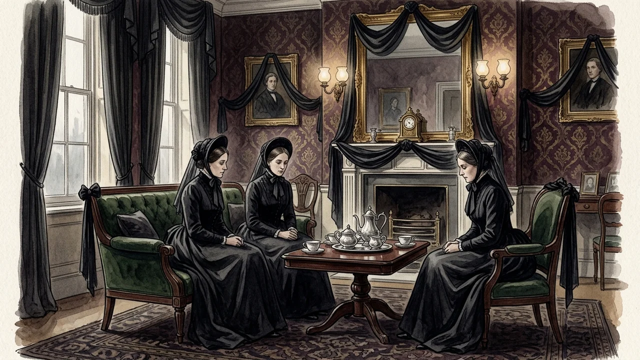 Salon de Grosvenor Square tendu de noir, papier peint à motifs sombres, cheminée éteinte, plateau de thé intact sur un guéridon, trois femmes en robes de deuil assises en demi-cercle, lumière rasante de fin de matinée par les hautes fenêtres