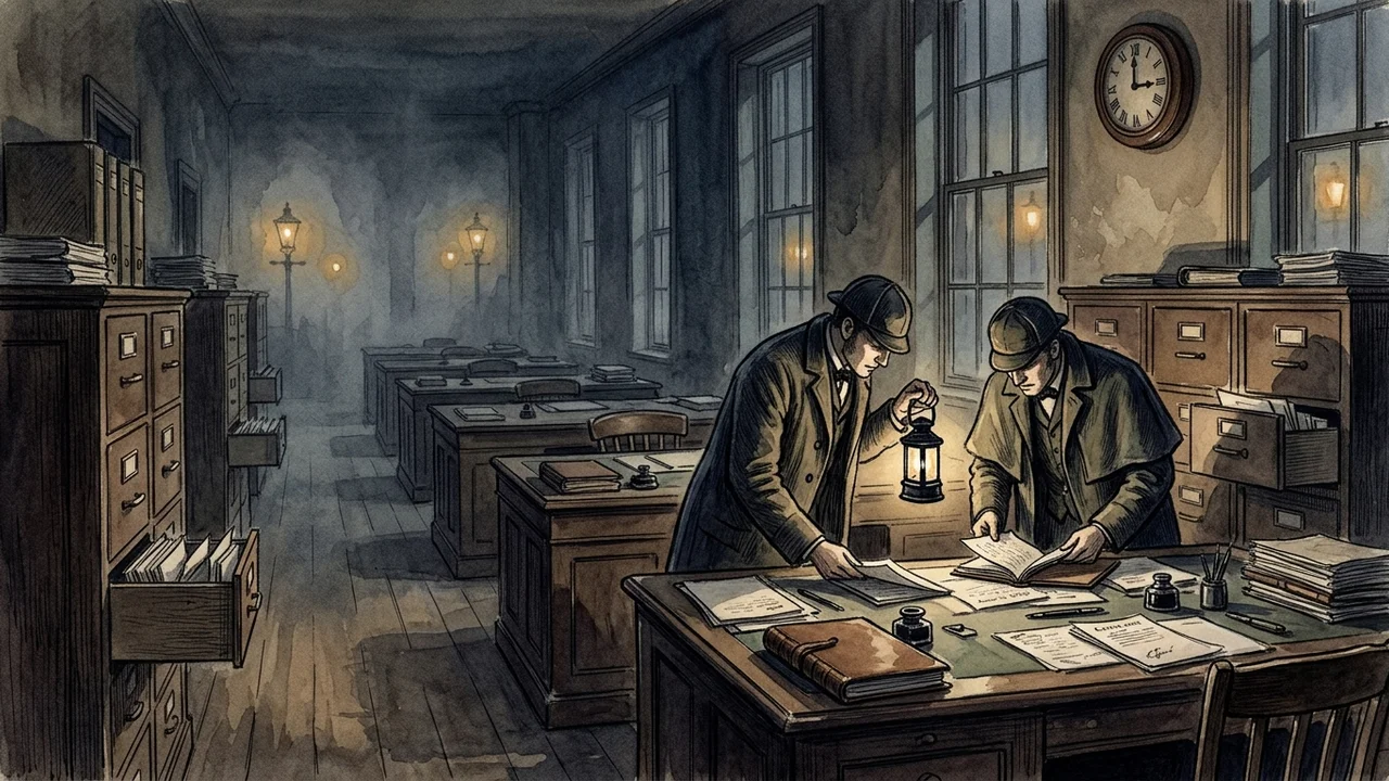 Bureaux victoriens d'une compagnie d'assurances, troisième étage de Threadneedle Street, longue rangée de pupitres en bois sombre, classeurs verticaux ouverts, lampes vertes éteintes, trois heures du matin, lumière de lampe sourde sur un dossier ouvert