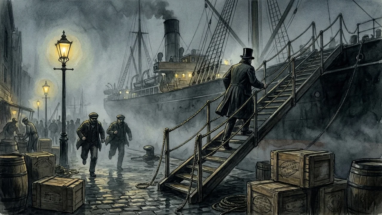 East India Docks la nuit, brouillard épais sur la Tamise, lampadaires à gaz qui crachent un halo jaune, vapeur amarré au quai avec passerelle illuminée, silhouette en haut-de-forme et long pardessus noir montant la passerelle, deux gardes du corps en escorte, caisses estampillées au pochoir empilées à l'avant-plan