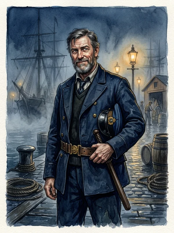 Sergent Patrick Kerrigan, quarantaine, irlandais de Liverpool, uniforme bleu marine de douanier déboutonné au col, ceinturon de cuir et matraque réglementaire à la hanche, casquette à visière noire, visage marqué par vingt ans de service, regard méfiant, posé devant la masse sombre d'un quai du port
