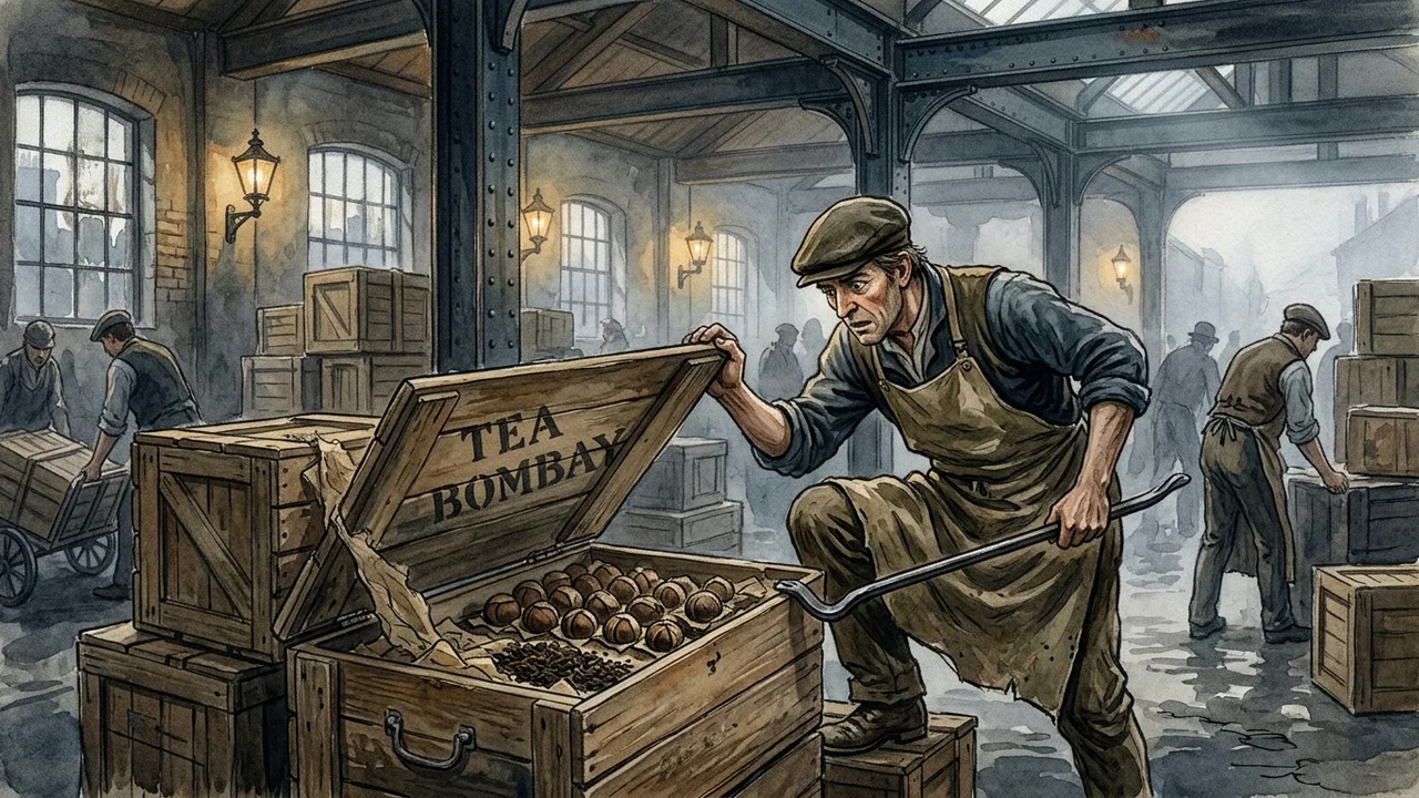 Hangar d'importation de thé aux St. Katharine Docks, hauts plafonds de fer, caisses de bois empilées sur trois niveaux étiquetées au pochoir TEA BOMBAY, lumière matinale poussiéreuse tombant par les claires-voies, contremaître en costume gris supervisant quatre débardeurs qui déchargent une charrette