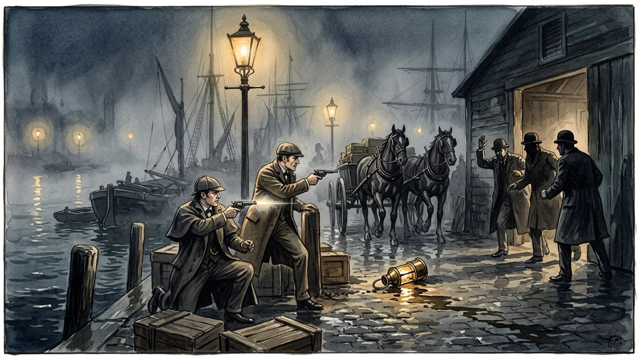 Quai 9 des St. Katharine Docks à minuit, brouillard épais qui ne laisse pas porter à dix mètres, lampadaires à gaz isolés dans la brume, charrettes attelées en attente, six hommes en train de transborder des caisses de thé estampillées du chiffre 7 vers un wagon plat, sergent Kerrigan en pardessus noir surveillant l'opération, eau noire de la Tamise qui clapote contre les piles