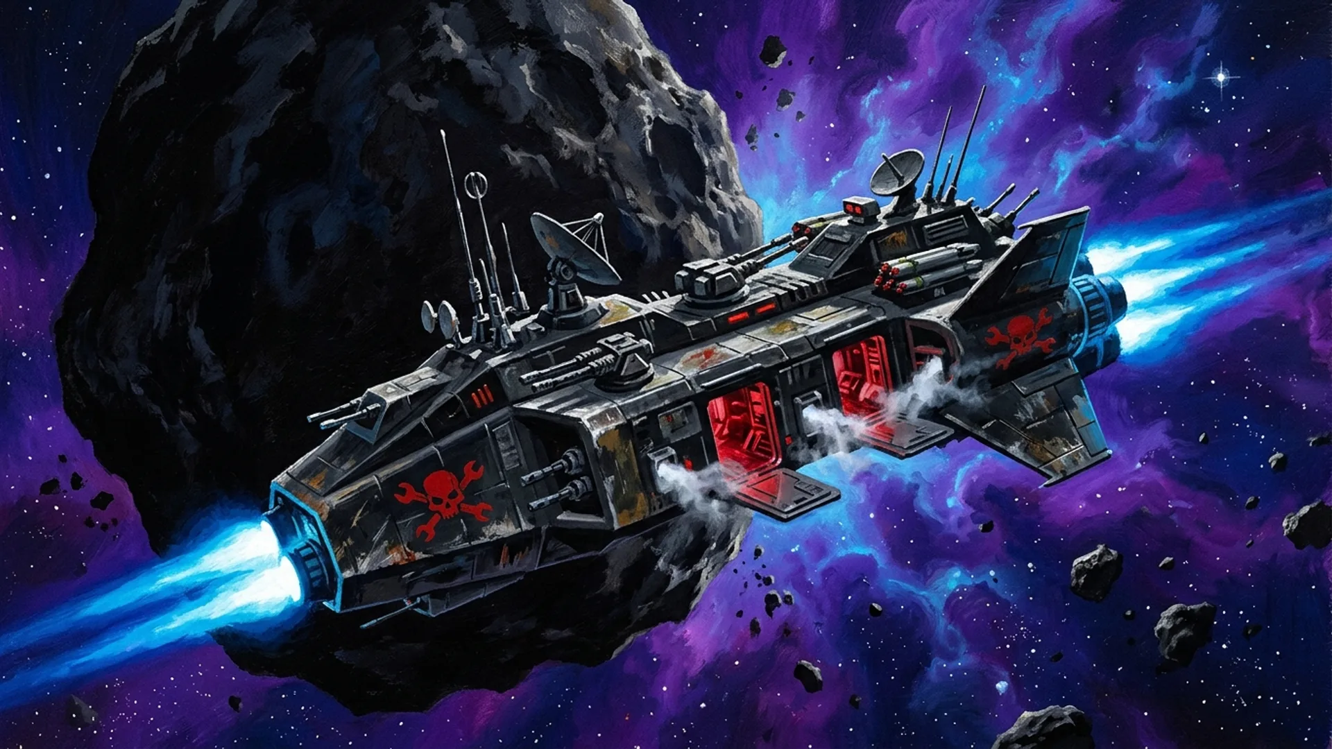 Corvette pirate Charognard surgissant de derriere un asteroide, propulseurs en flamme bleue, coque noire mate aux marques rouges, sas lateraux ouverts pour abordage