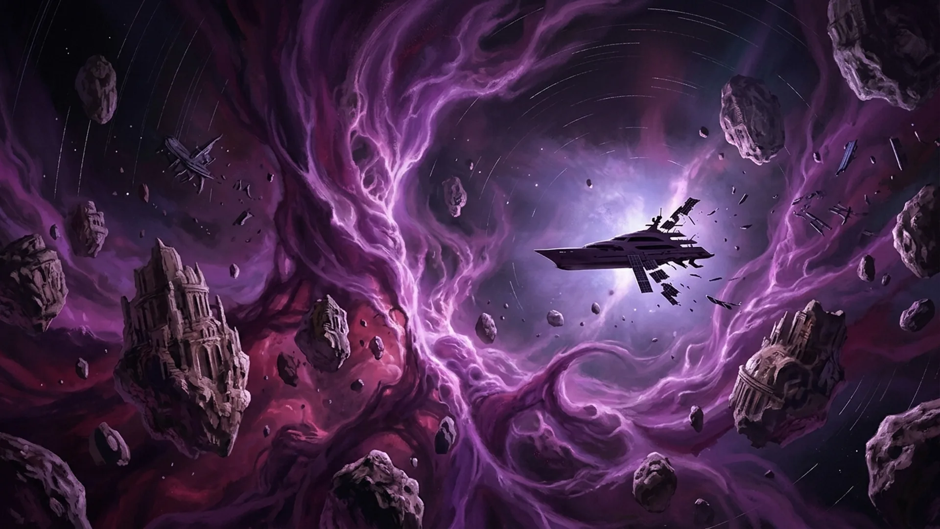 Le Stardust, cargo leger blanc casse, fonce vers le yacht Vagabond eventre derivant dans la nebuleuse violette de Kael, la corvette pirate Charognard tapie derriere un asteroide