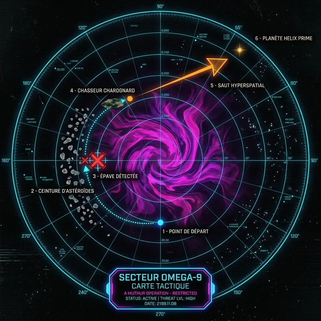 Carte stellaire holographique du secteur Omega-9 : nebuleuse de Kael au centre, position Stardust, epave Vagabond, asteroide camouflage du Charognard, station Helix Prime