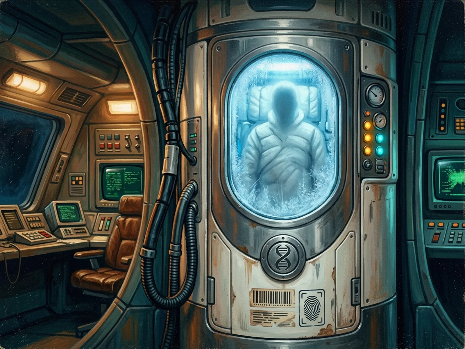 Capsule de survie blindee Helix encastree dans la cabine du capitaine, tube vertical capitonne blanc, vitres ovales givrees revelant Lyra en stase, diagnostic LED ambre et cyan