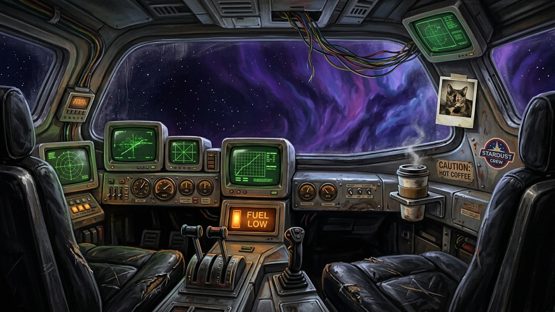 Cockpit du Stardust vu de derriere, sieges en cuir noir, ecrans CRT verts, cadrans analogiques, pare-brise donnant sur le mur de gaz violet de la nebuleuse de Kael