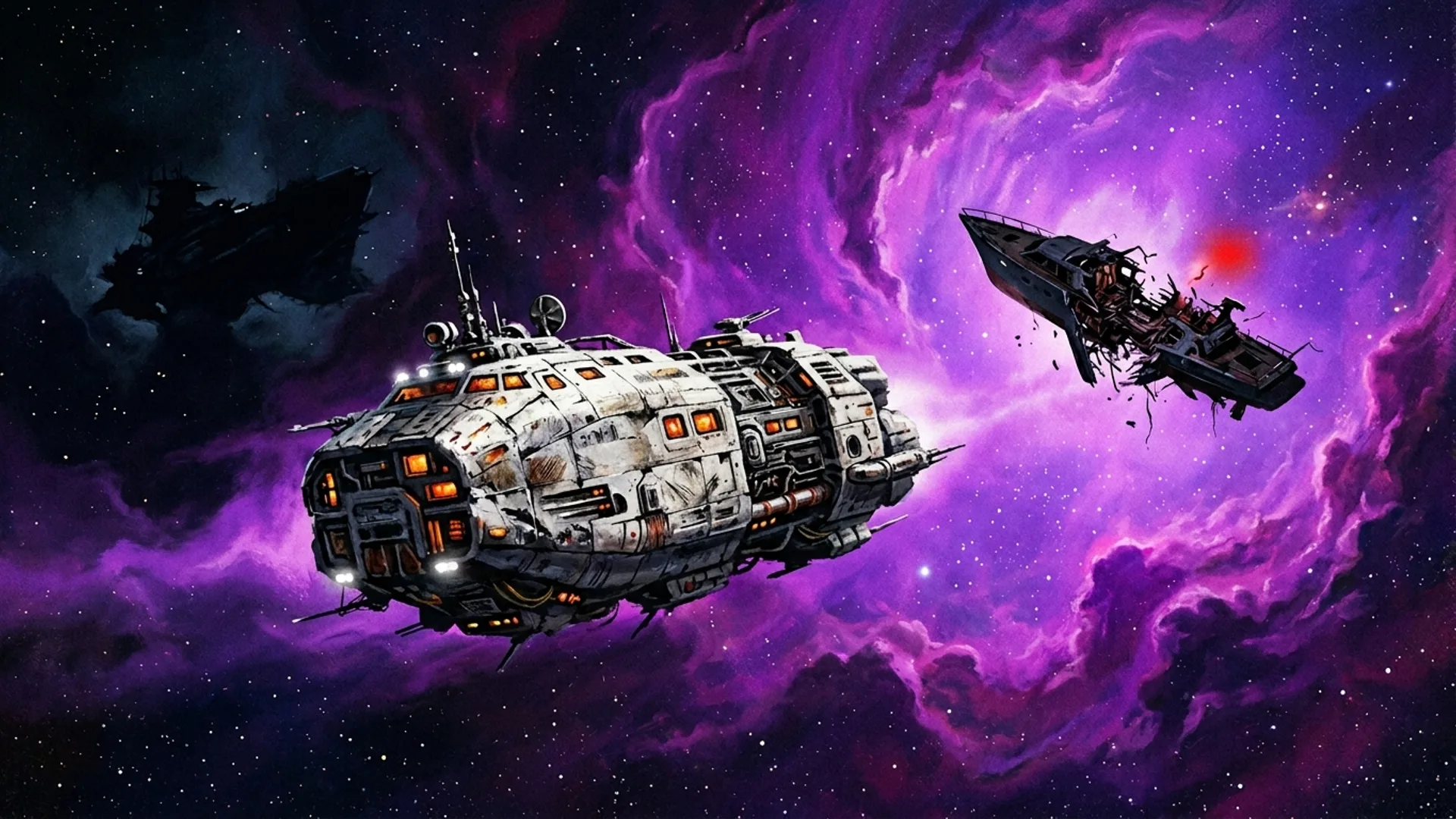 Vue exterieure dans la nebuleuse de Kael, mur de gaz magenta, asteroides en rotation, silhouette du yacht Vagabond au loin avec panneaux solaires brises