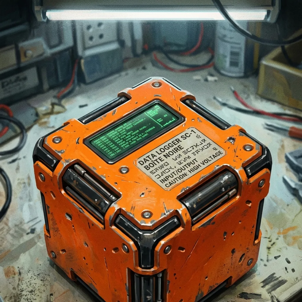 Cube blinde orange fluo, etiquette Flight Data Recorder, ecran LCD affichant donnees de vol du Vagabond