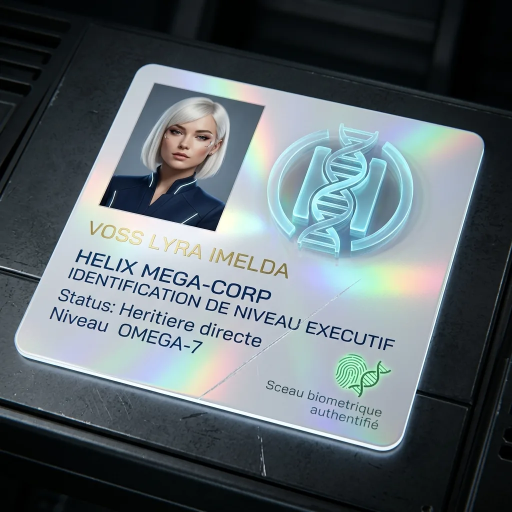 Carte d'identite corporative Helix de Lyra Voss, plastique blanc nacre, hologramme du logo Helix, photo et titre Heritiere directe Conseil de Direction