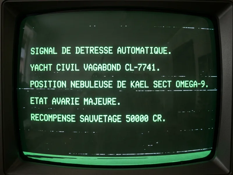 Capture d'ecran terminal CRT vert : transmission SOS automatique du yacht Vagabond, avarie majeure, recompense classe A 50 000 credits