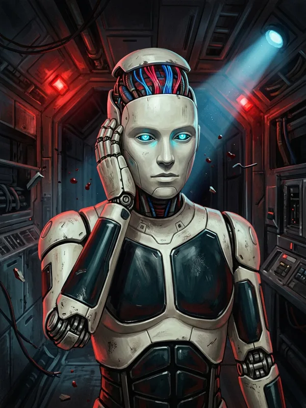 L'Androide pre-tire, chassis humanoide poli mat blanc casse, yeux LED bleu-cyan, plaque cranienne entrouverte, scanne le couloir du Vagabond avec une posture d'analyse