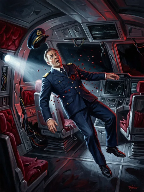 Cadavre du capitaine du Vagabond flottant en zero-G dans le cockpit, uniforme bleu marine a galons dores, gouttes de sang spheriques en suspension