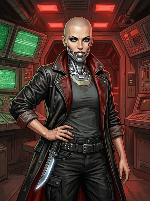Capitaine Kira Croc-de-Fer, cheffe pirate, crane rase, prothese metallique chromee a la mâchoire, veste longue en cuir noir, lame d'energie au flanc, pose dominante sur le pont du Charognard